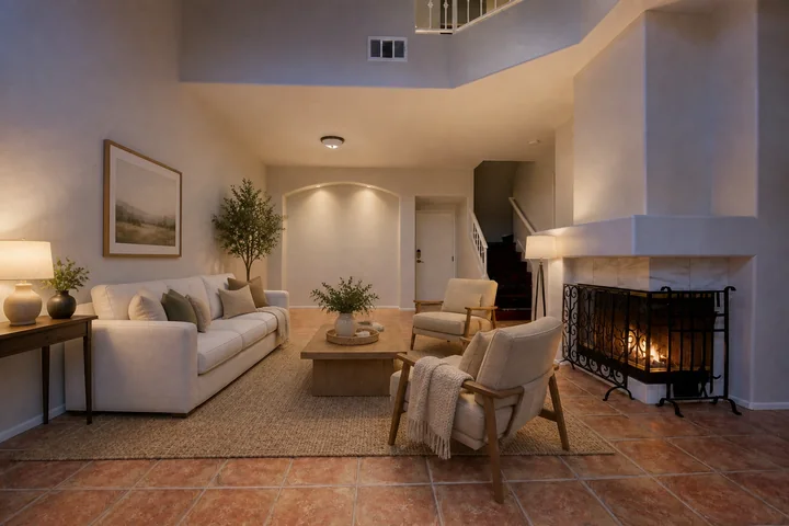 Virtually staged living room in a cozy evening setting