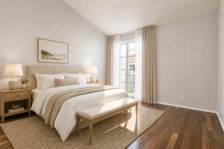Virtually staged primary bedroom in Sunday morning light