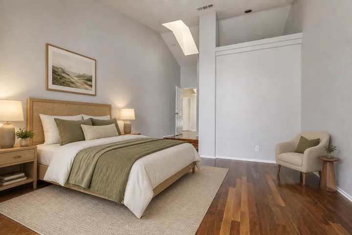 Virtually staged second bedroom in a cozy evening setting